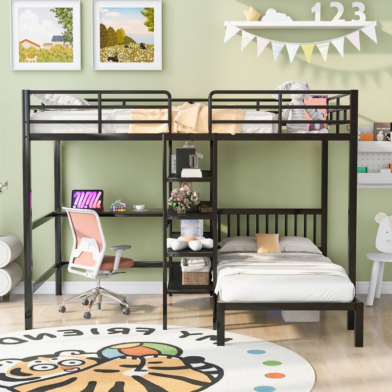 Full Over Twin Metal Bunk Bed with Desk and Storage Shelves, Heavy-Duty Frame, No Box Spring Required