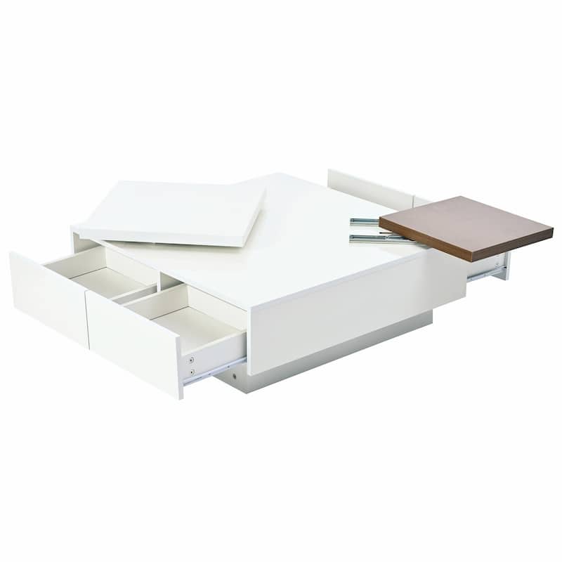 Modern Square Wood Coffee Table with Movable Top and 4 Hidden Storage Drawers