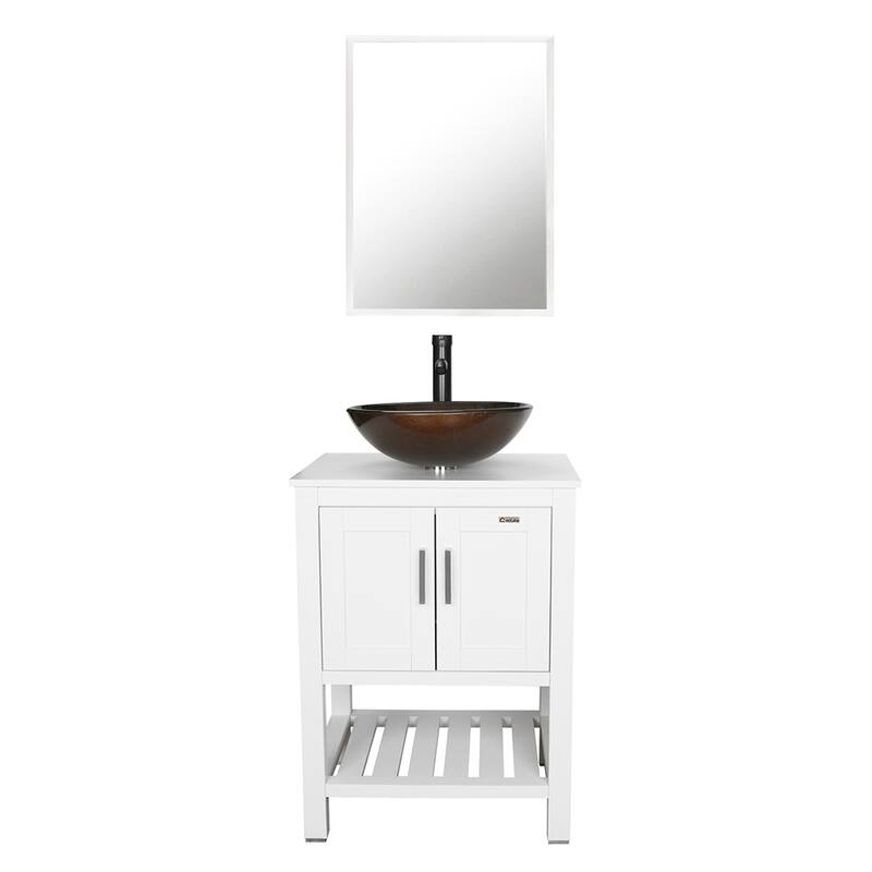 24" Bathroom Vanity Set Ceramic/ Tempered Glass Vessel Sink White Cabinet Combo Mirror Faucet Free-standing - brown round sink