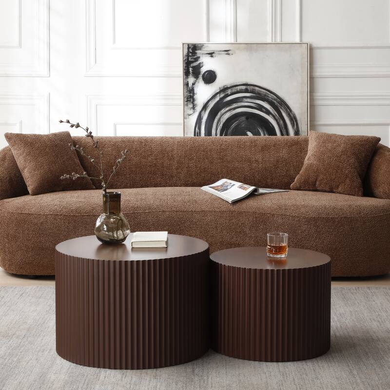 Modern Glam Relief Carving Round Accent Nesting Side Fluted Coffee Tables Set (2 Pack) No Assembled