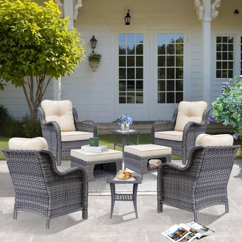 8 Piece Outdoor Wicker Patio Furniture Conversation Chair and Ottoman Set - Beige-Gray Rattan