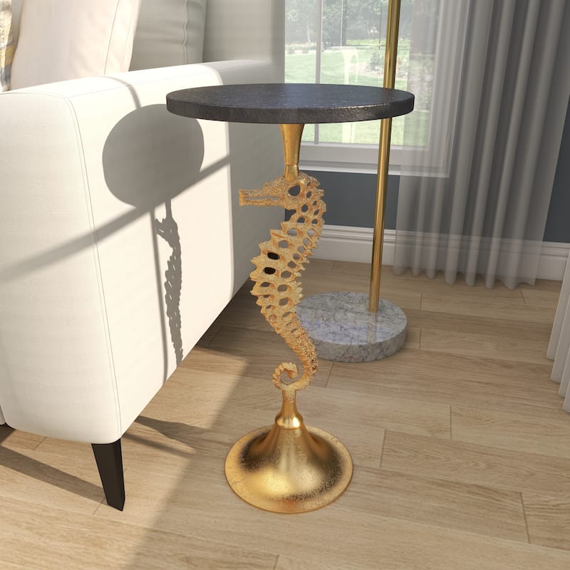Aluminum Metal Sea Horse Pedestal Side End Accent Table with Tray Top - Silver or Gold - Roche River Decor