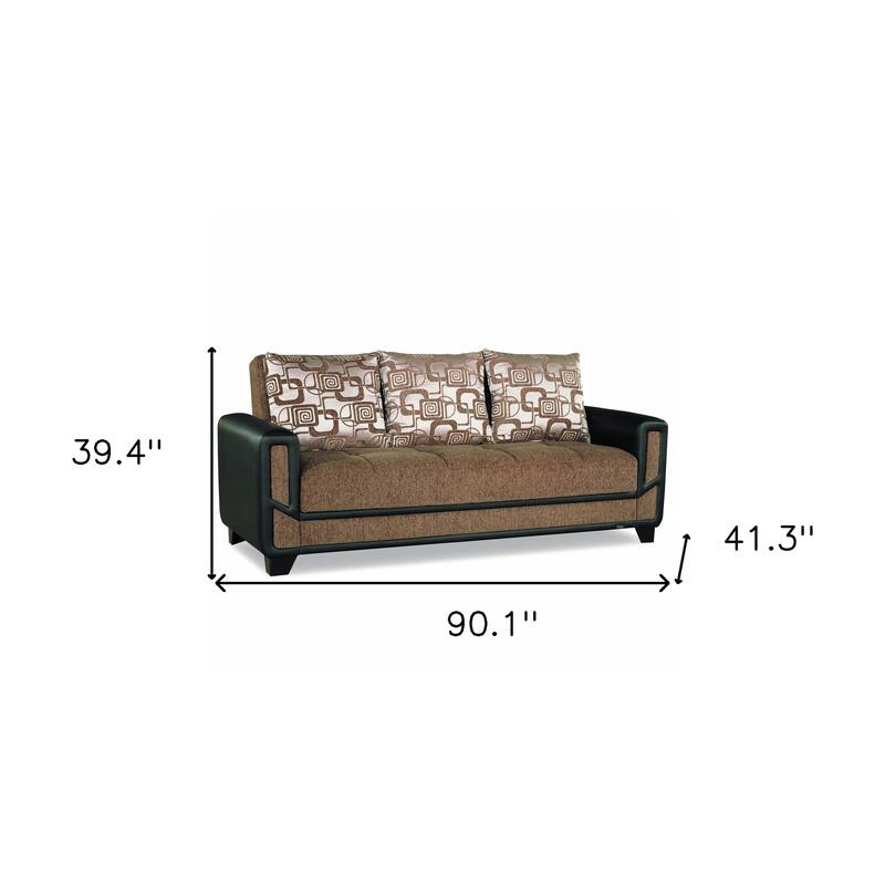 HomeRoots 90" Brown Chenille Convertible Futon Sleeper Sofa And Toss Pillows With Storage