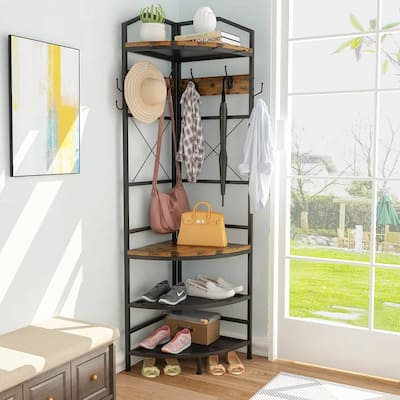 Industrial Metal and Wood Corner Hall Tree with Shoe Storage Bench Hooks and Shelves Rustic Brown - 72'' H X 17.7'' W X 17.7'' D