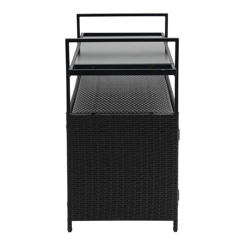 Anmytek Rolling Outdoor Wicker Bar Cart Rattan Beverage Serving Cart with Wheels Glass Top Black for Patio Poolside