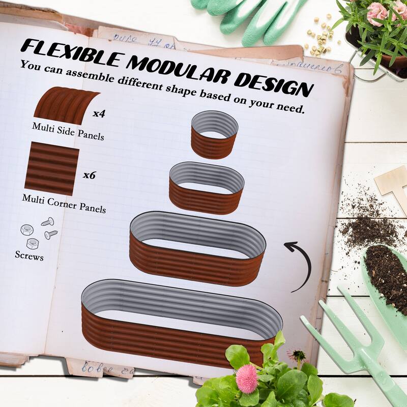 Modern Minimalist Garden Bed with Safety Edging, Easy DIY Stock Tank, for Growing Flowers Herbs Vegetables, Brown - 8' x 10'