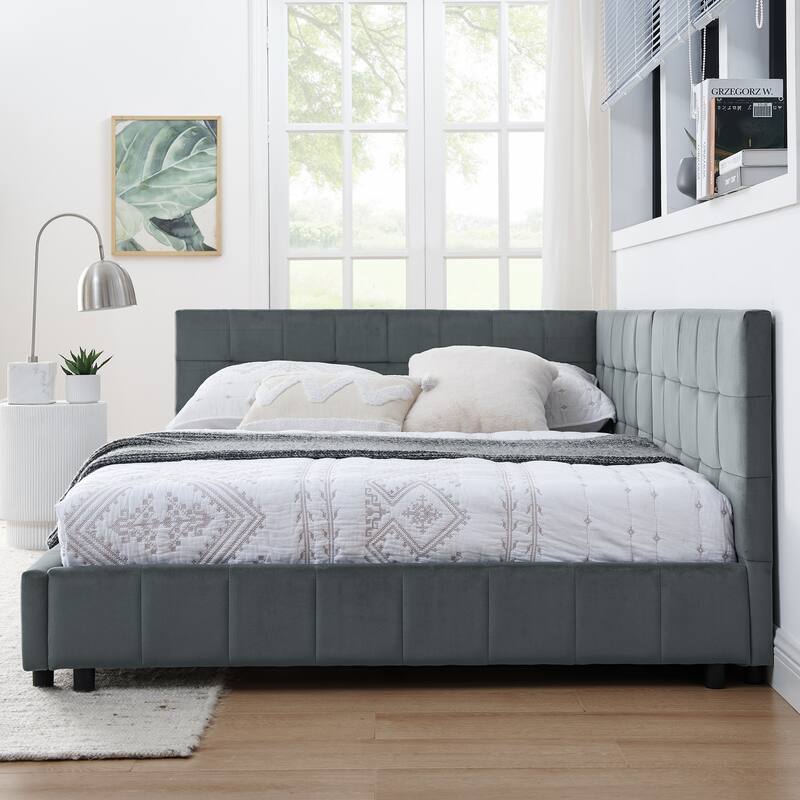 Full Size Daybed L-Shaped, Modern Velvet Upholstered Sofa Day Bed Frame with Wood Slats for Living Room Bedroom