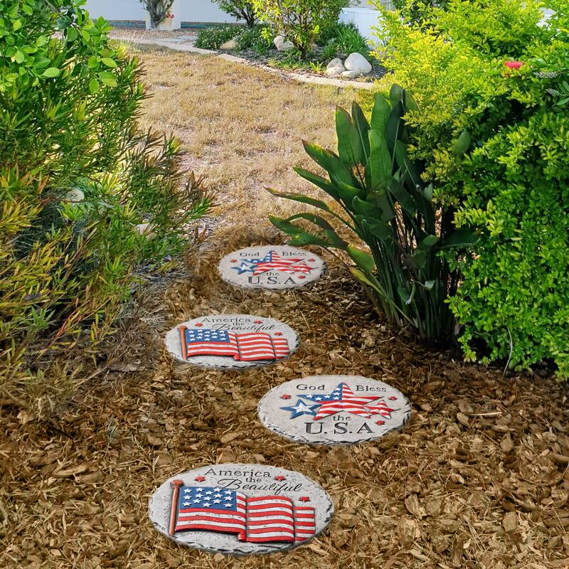 Glitzhome 4-Piece 10"D Patriotic/Americana Cement Flag and Stars Stepping Stone