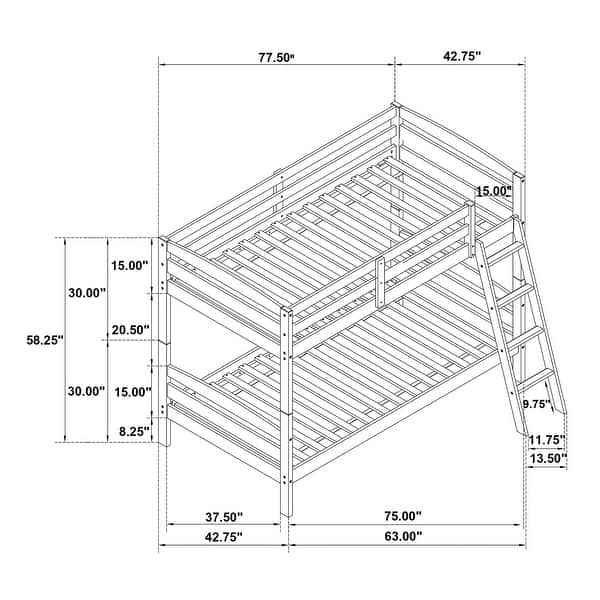 dimension image slide 0 of 2, Wooden Twin Over Twin Bunk Bed with Ladder in Grey