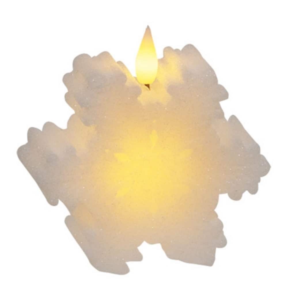 White Wax Glitter Snowflake LED Timer Candle Winter Decor - 4" x 2" x 4"