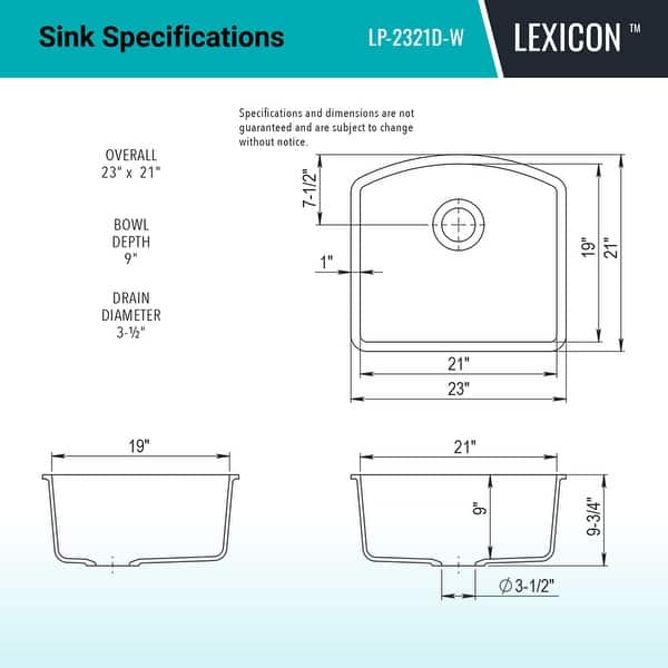dimension image slide 0 of 6, Lexicon Platinum 2321D Quartz Composite Single Bowl Kitchen Sink