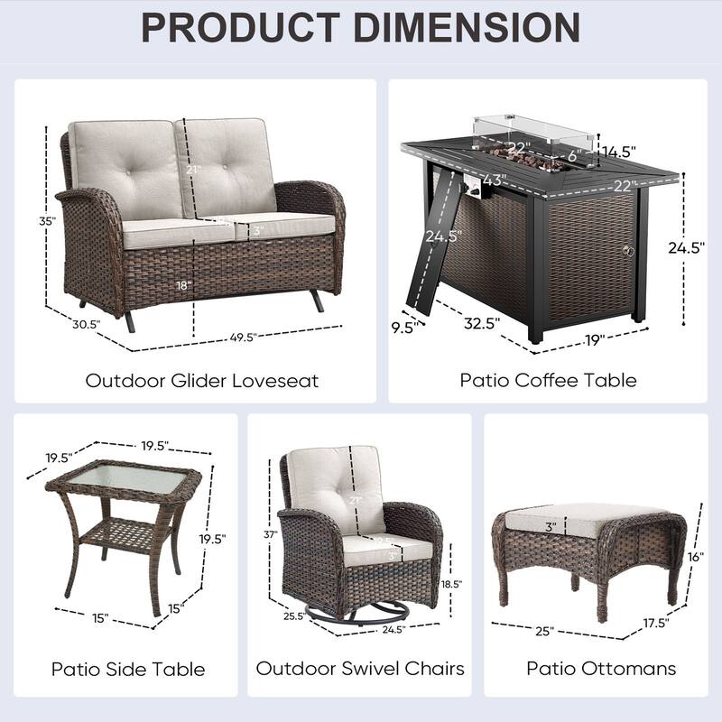Patio Sofa Swivel Chair with Propane Fire Pit Table