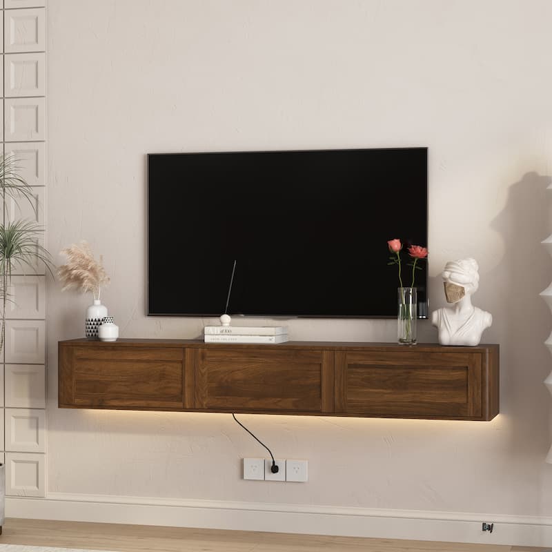 Floating LED TV Stand for Living Room, Wall Mounted TV Console Table with Power Outlet