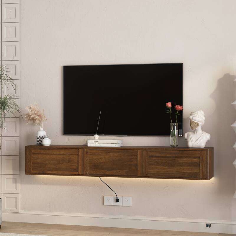 Wall Mounted TV Stand, High Gloss Floating TV Stand with LED Lights & Power Outlet