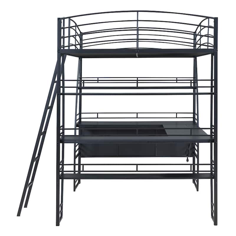 Full Size Loft Bed with 4 Layers of Shelves and L-shaped Desk