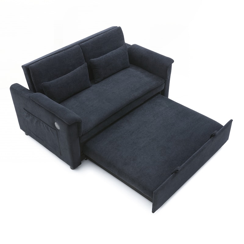 55" Velvet Two Seater Pull Out Sofa Bed, Adjustable Backrest With USB Ports, Two Side Pockets