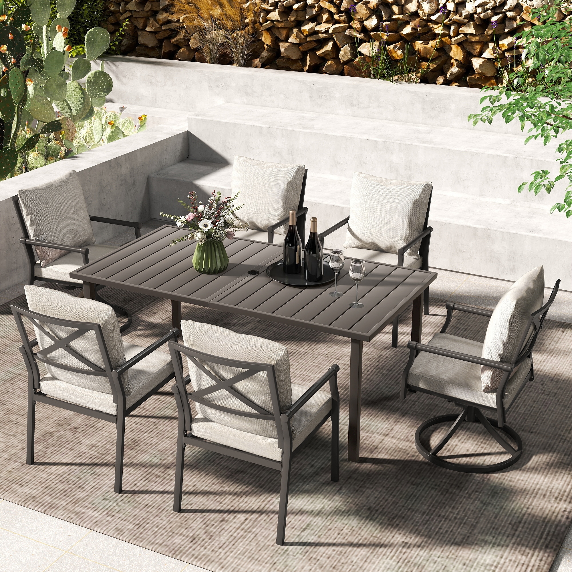 Urbanease 7-Piece Metal Patio Dining Set with Beige Cushions, 4 Dining Chairs, 2 Swivel Chairs and Rectangular Table