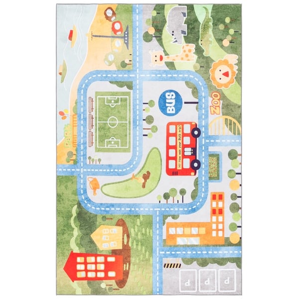 slide 2 of 3, SAFAVIEH Santa Monica Kids Xaveria Machine Washable & Slip Resistant Rug 4' x 6' - Green/Grey - Rectangle