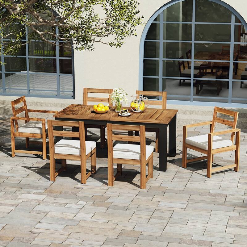 7-Piece Patio Dining Set with Stylish Table, 6 Chairs for Garden - Light Teak