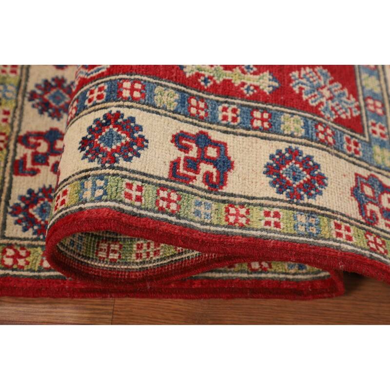 Geometric Red Kazak Foyer Rug Hand-Knotted Traditional Wool Carpet - 2'8" x 4'1"
