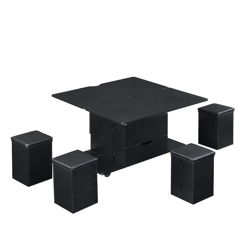 Lift-Top Coffee Table with Hidden Storage & 4 Stools - Multi-Functional Modern Center Table with Casters