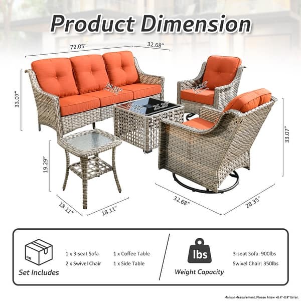 dimension image slide 2 of 8, OVIOS 5-Piece Outdoor Wicker Swivel Chair Set With Solar-Powered Table