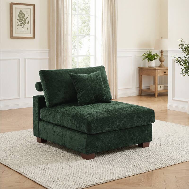 Plush Chenille Single Modular Sectional Sofa Chaise with Pillows - Green-Armless - Symmetrical