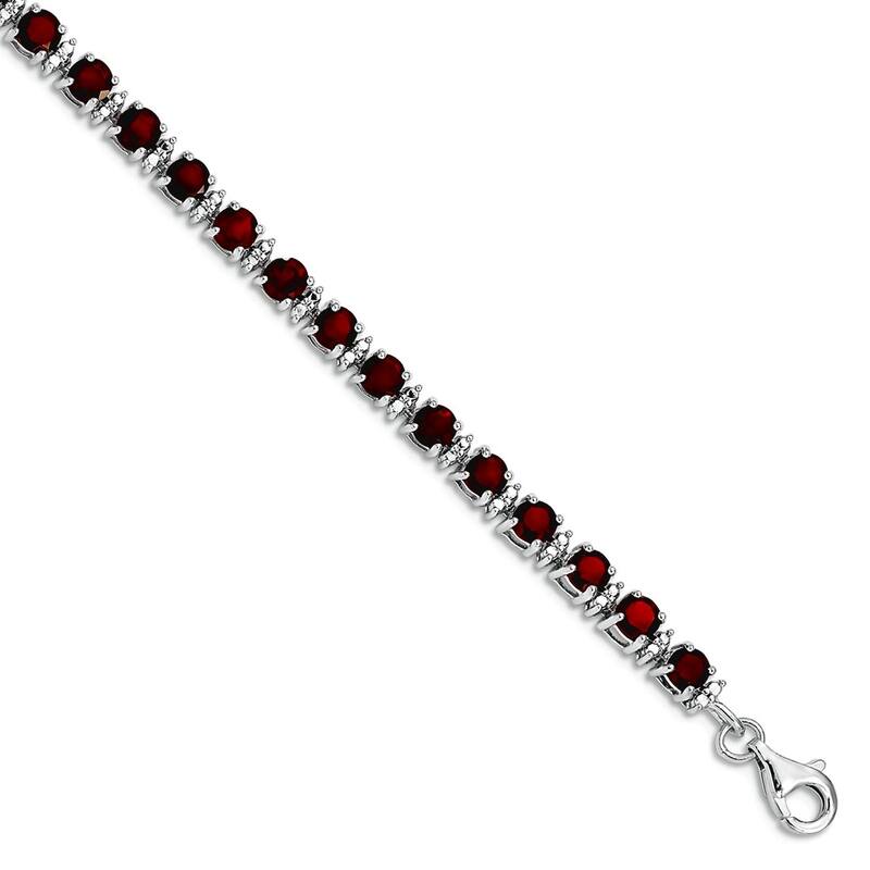 Curata 925 Sterling Silver 7" Round Gemstone and Diamond Line Bracelet - Garnet - White