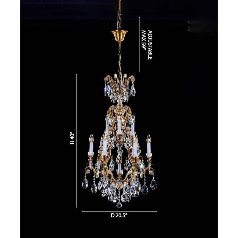 10-Light Antique Brass Metal Chandelier With Clear Crystal Accents