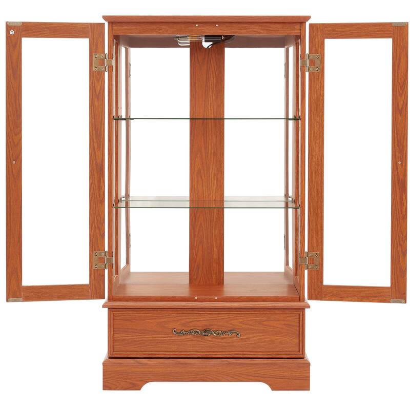 GDFStudio - Traditional Storage Lighted Curio Display Cabinet with Glass Doors and Drawer