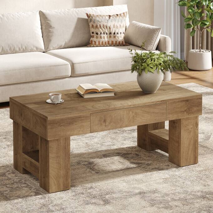 47.24" Wooden Coffee Table with Drawer, Rustic Center Table