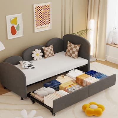 Flower-Shaped Velvet Daybed Frame with Under-Bed Storage - Twin Size Sofa Bed for Bedroom, Kids Room, Living Room, Gray