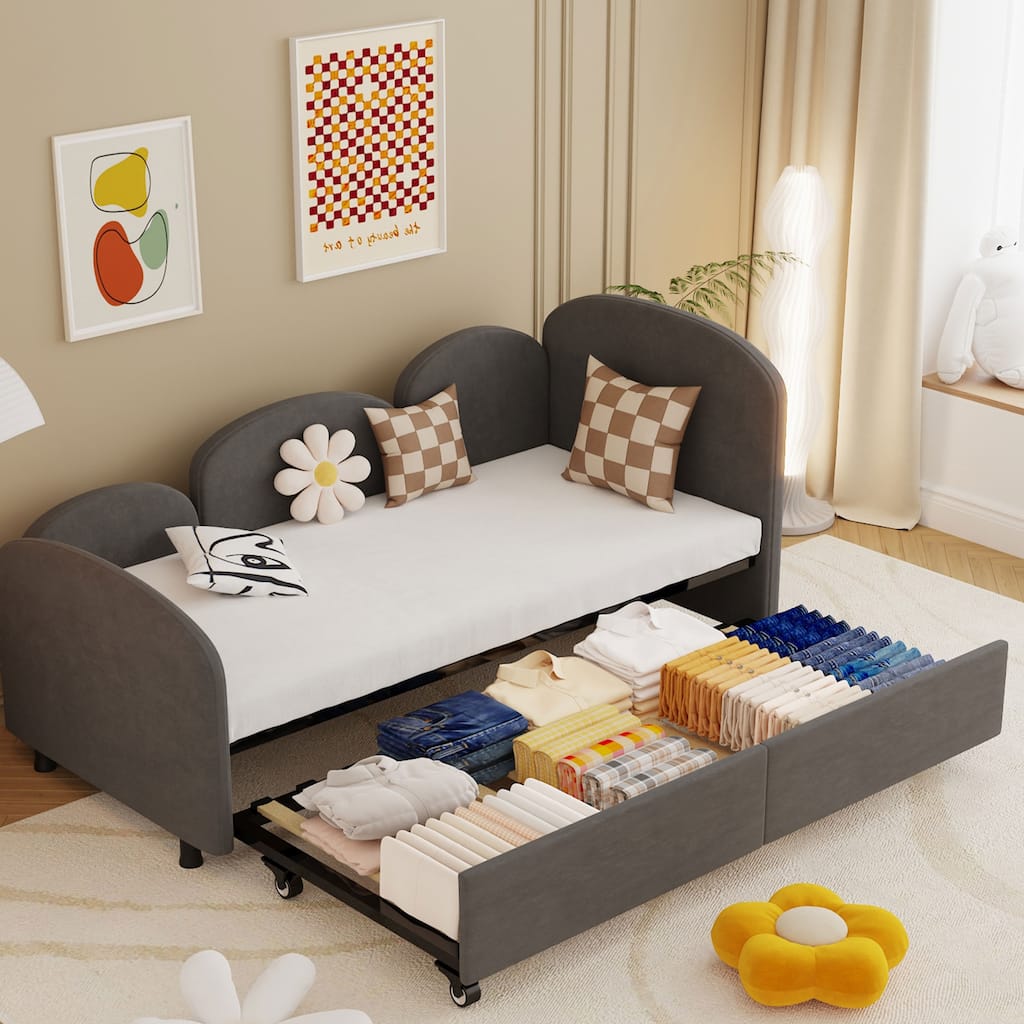 Flower-Shaped Velvet Daybed Frame with Under-Bed Storage - Twin Size Sofa Bed for Bedroom, Kids Room, Living Room, Gray
