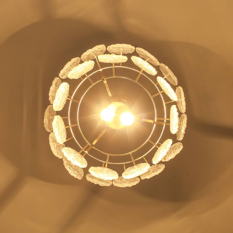 15.7" 2-Light Modern Luxury Gold Handmade Clear Textured Leaf-Shaped Glass Tiered Chandelier for Living Room, Dining Room