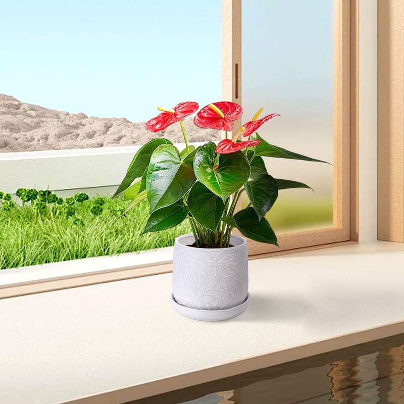 Set of 2 Handmade Modern Embossed Leaf Ceramic Planters with Saucers