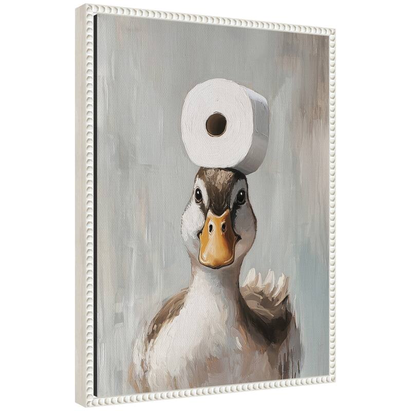 Kate and Laurel Sylvie Toilet Paper Roll on Ducks Head Bathroom Art Framed Canvas by The Creative Bunch Studio - 18x24