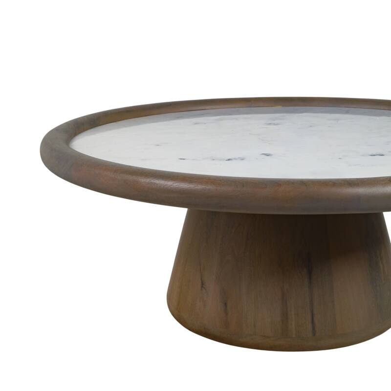 Mango Wood Marble Accent Table Round Drum Base Sculptural Design