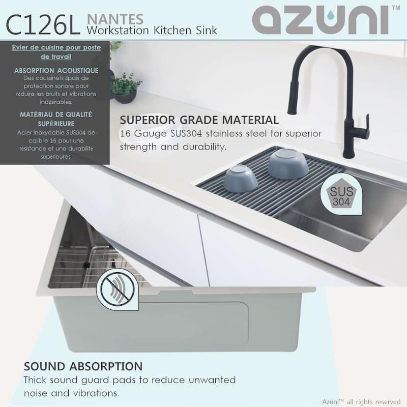 AZUNI 25"L x 19"L Single Bowl Undermount 16G Reversible Workstation Kitchen Sink with accessories C126L - 25" x 19" x 10"