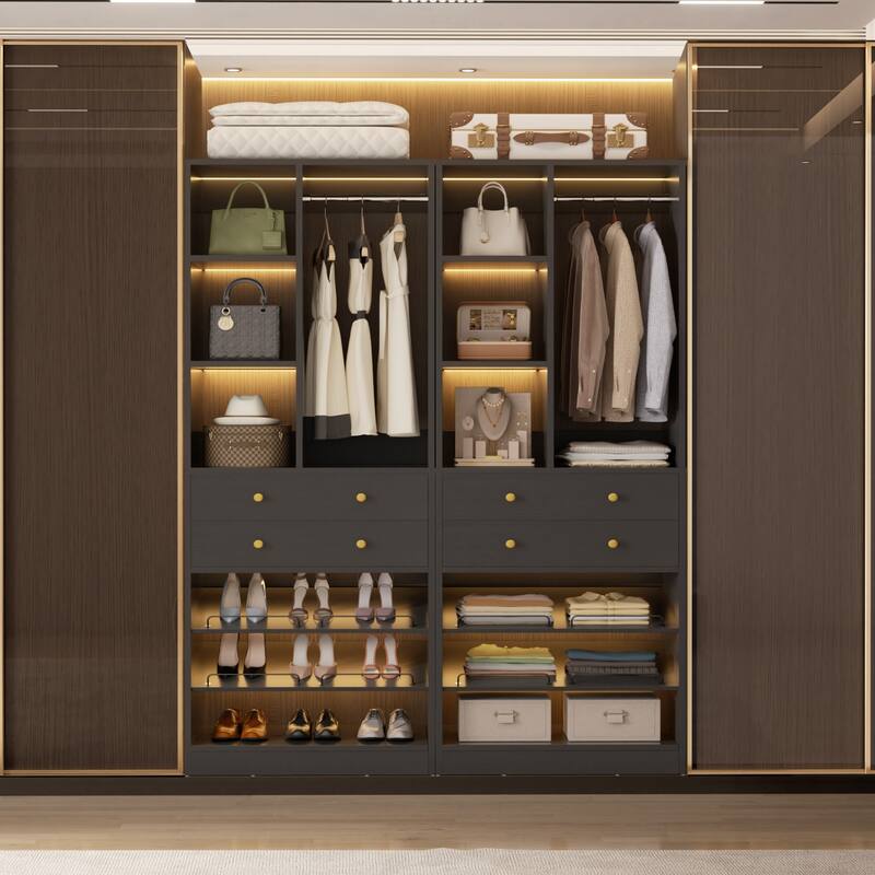 Grimm 28'' Closet Organizer with Shoe Racks and Drawers, Closet System with Hanging Rod and Adjustable Shelves - 2pcs - Black