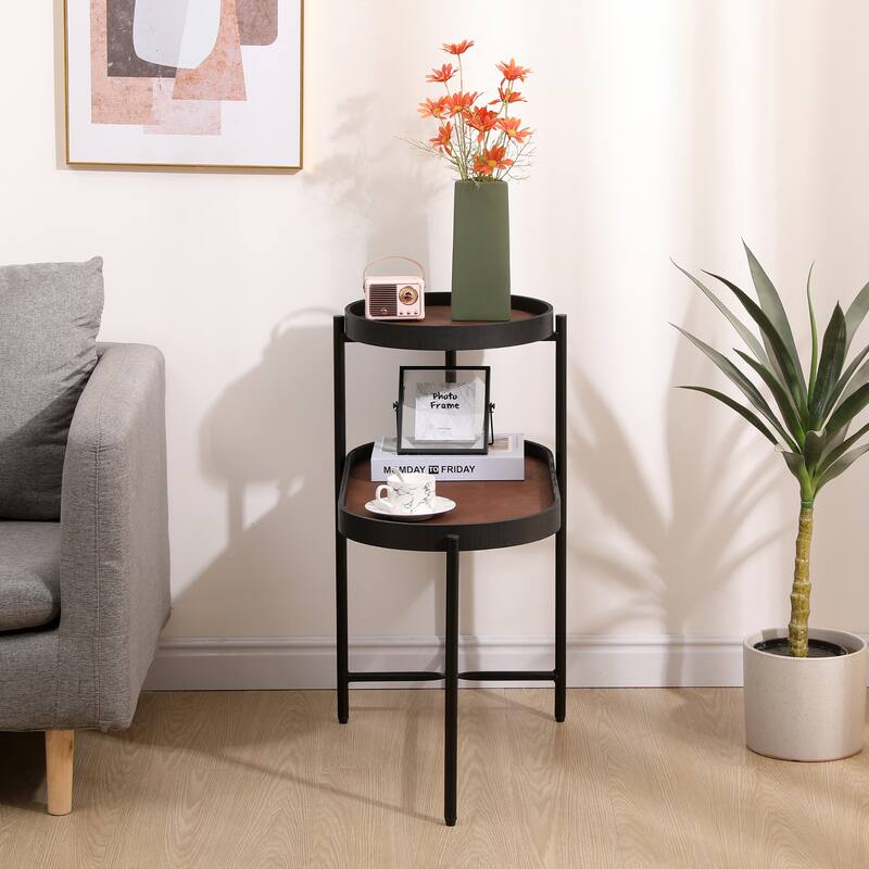 2-Tier Side Table with Black Metal Frame, Wooden Desk End Table, Storage Sofa Table for Living Room