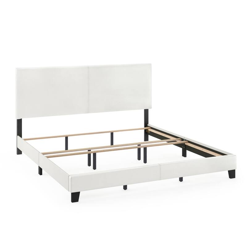 King Bed Frame Upholstered Black PU Leather Platform Bed with Foam Headboard - Modern Glam Style