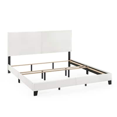 King Bed Frame Upholstered Black PU Leather Platform Bed with Foam Headboard - Modern Glam Style