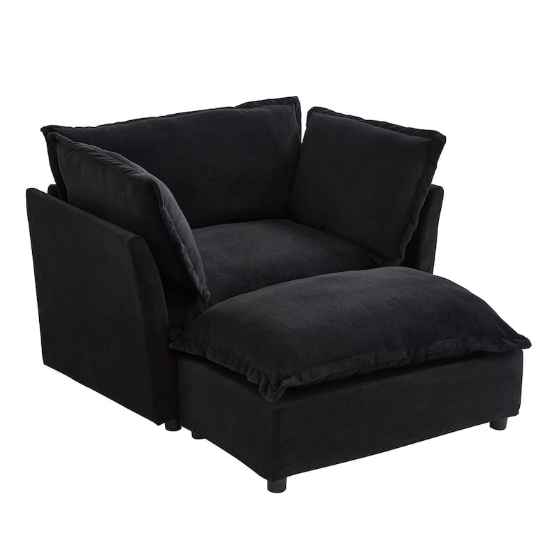 Modern Chenille Armchair with Plush Cushions and Movable Ottoman by Harper&Bright Designs