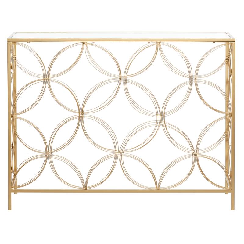 Gold Metal Open Style Quatrefoil Frame Geometric Console Table with Glass Top