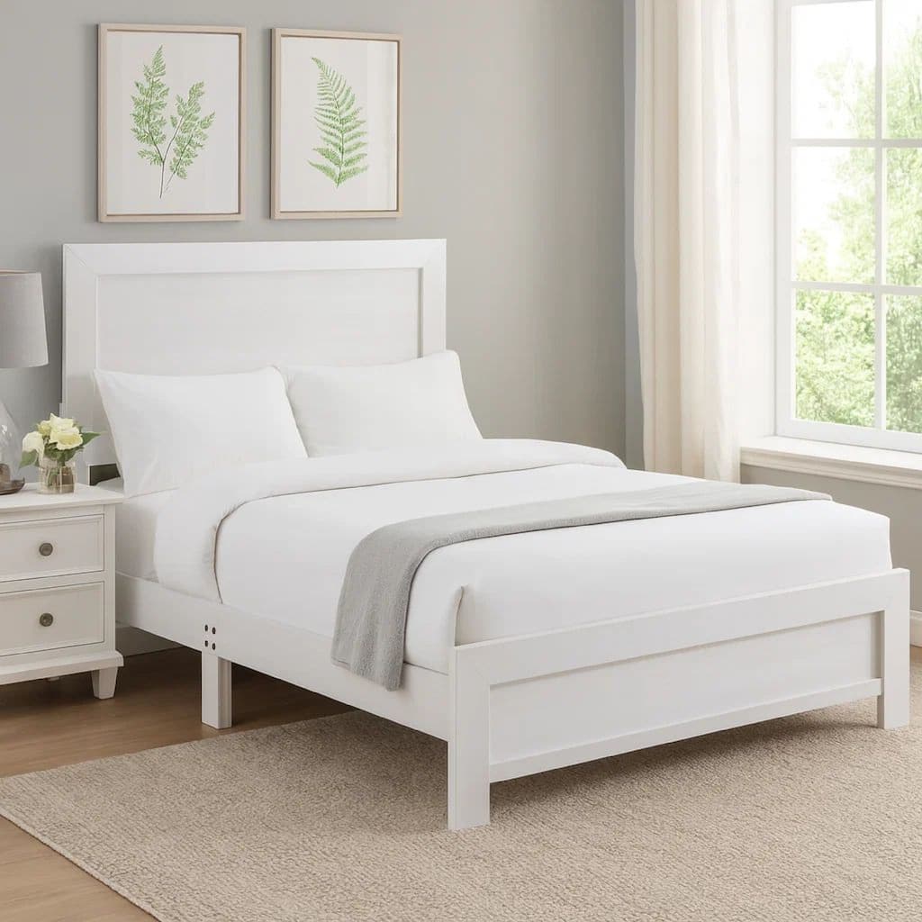 Eby King Size Bed, Rustic Farmhouse Style, White Finish Wood Veneer