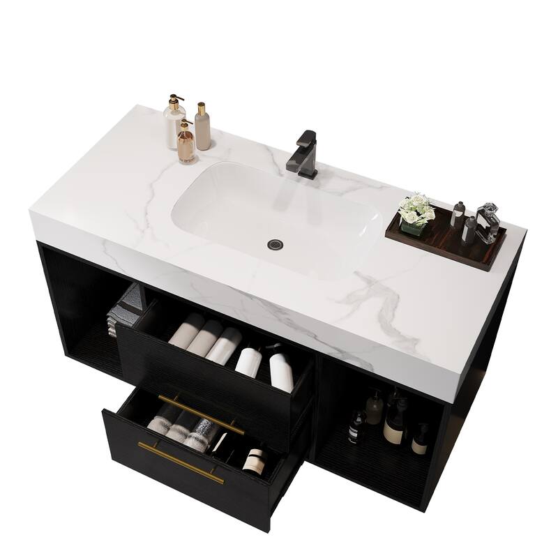 Floating Bathroom Vanity with Ceramic Sink, Rectangle Bathroom Storage Cabinet with Sintered Stone Countertop