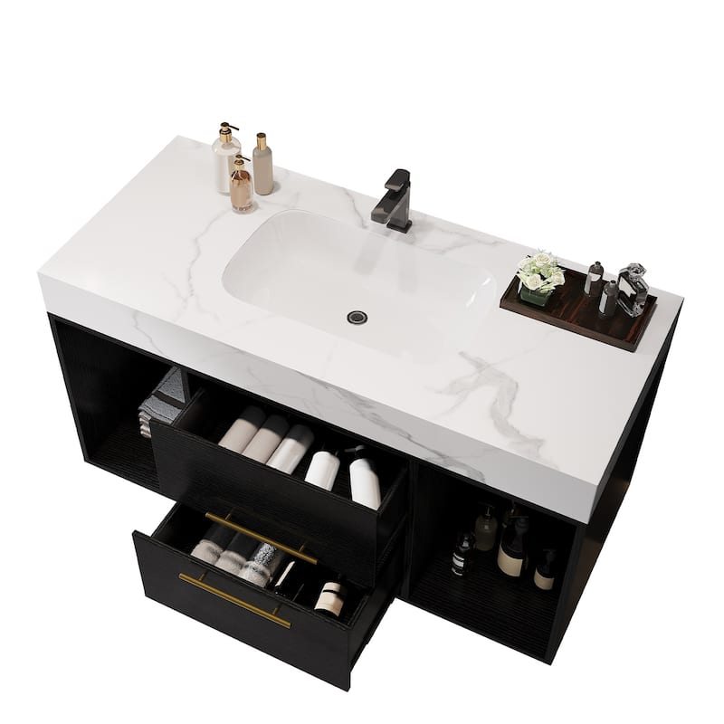GDFStudio - Modern 39.4" Wall Mounted Floating Sintered Stone Bathroom Vanity with Seamless Ceramic Sink & Soft-Close Drawers