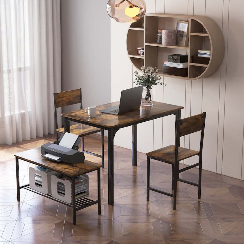 4PCS Dining Table Set Rustic Desk 2 Chairs Bench Storage Rack