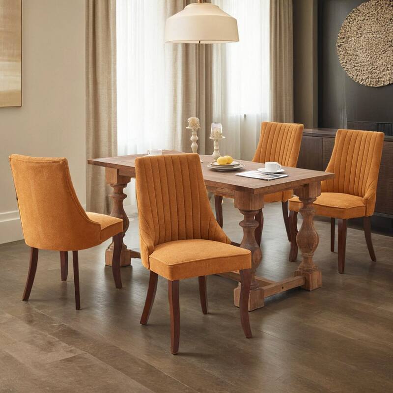 Rayon Cloth Flocking Linen Dining Chairs Channel Kitchen Dinner Chair Comfy Fabric Upholstered Accent Chair Wood Legs,Set of 2