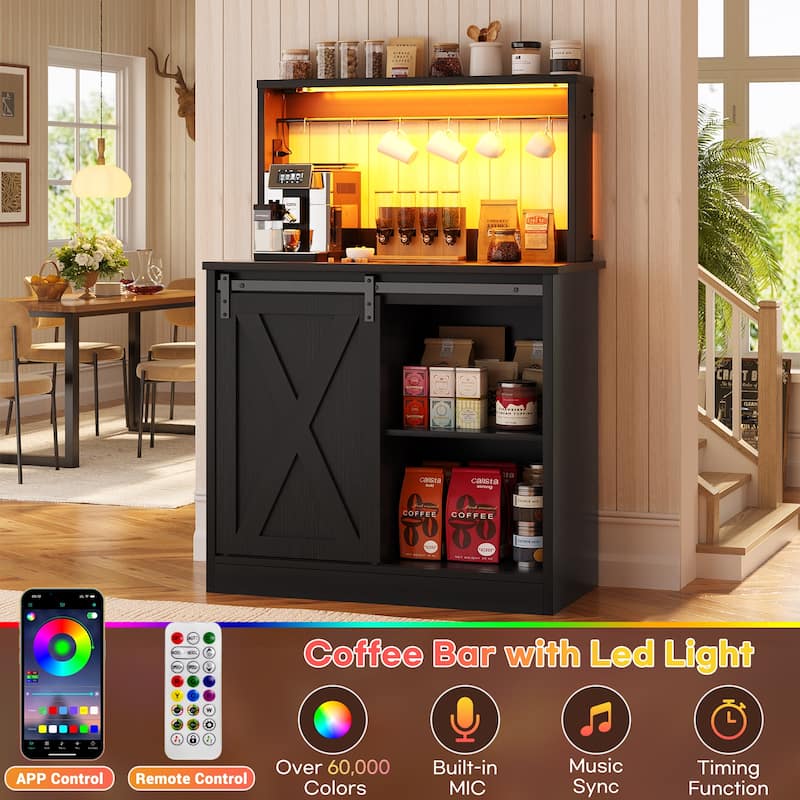 Farmhouse Wine Bar Cabinet with Barn Door & Charging Station,Sturdy Buffet Coffee Bar Cabinet with LED Lights & Hutch